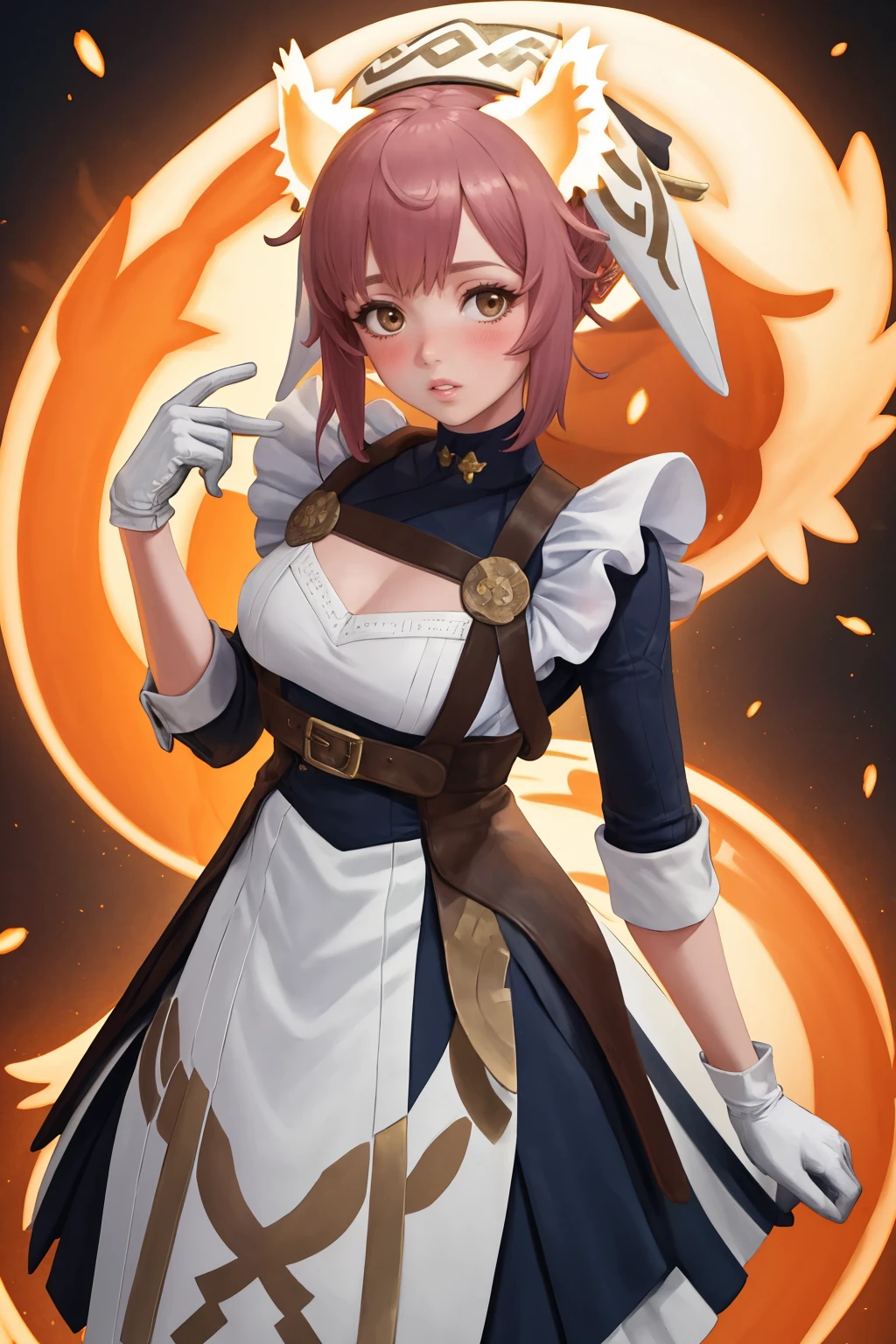 masterpiece, best quality, 1girl, solo, <lora:ratatoskr-fe-richy-v1:1> ratatoskr, headdress, animal ears, dress, apron, white gloves, standing, looking at viewer, blush, parted lips,