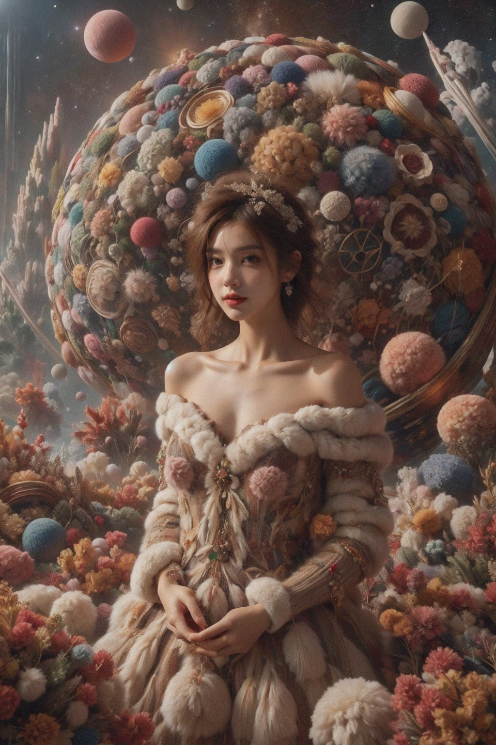<lora:èè纱线ç:0.7>,<lora:71é«è´µå
¬ä¸»:0.5>,1girl,(looking at viewer:1.1),smirk,zentangle,entangle,mandala,(giant yarn ball:1.1),(in the space:1.2),mars,(galaxy:1.1),(created infinite:1.1),extremely detailed,dramatic,intricate,elegant,cinematic,light,dynamic composition,surreal,christmas style,
