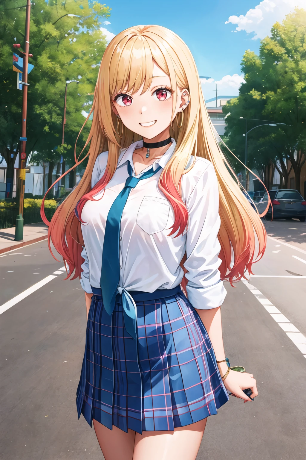 masterpiece, best quality, highres, kitagawa marin, 1girl, blonde hair, long hair, multicolored hair, red eyes, jewelry, earrings, piercing, school uniform, white shirt, tied shirt, black choker, blue necktie, plaid skirt, <lora:kitagawa_marin_v1-1:0.7>, grin, smile, standing, cowboy shot, outdoors, <lora:Hota-Style_348272:1>