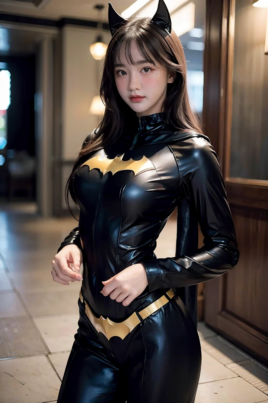 (masterpiece), best quality, perfect face, 18yo GIRL, batman suit, perfect body, <lora:tulipjohansson-04:1>