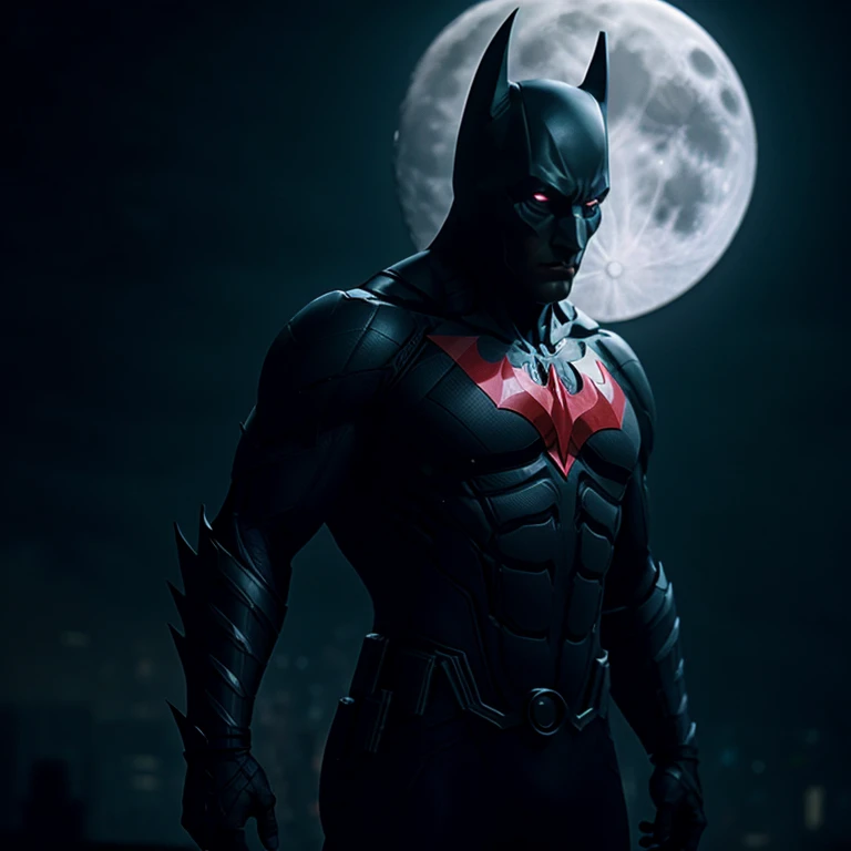 cinematic film still of <lora:Batman Beyond SD1.5:1.2>
Batman Beyond a man in a stealth dark batman costume standing in front of a full moon, shallow depth of field, vignette, highly detailed, high budget, bokeh, cinemascope, moody, epic, gorgeous, film grain, grainy