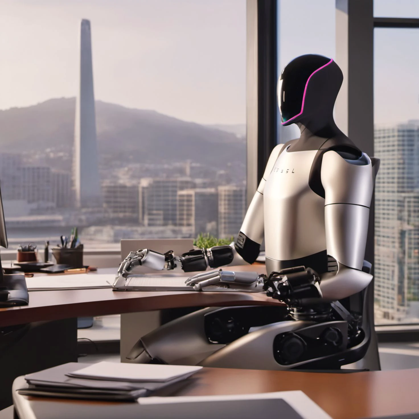 1robot, teslabot, gen-2, teslabot wearing a tie around neck sitting at an office desk, mahogany desk, doing office work, CEO of a company, paperwork, laptop, in high-rise building, window behind with view of san fransisco city, masterquality, photograph, high quality, proportional, focused, hyperrealistic                                                                <lora:teslabot:1> <lora:perfect hands:1>