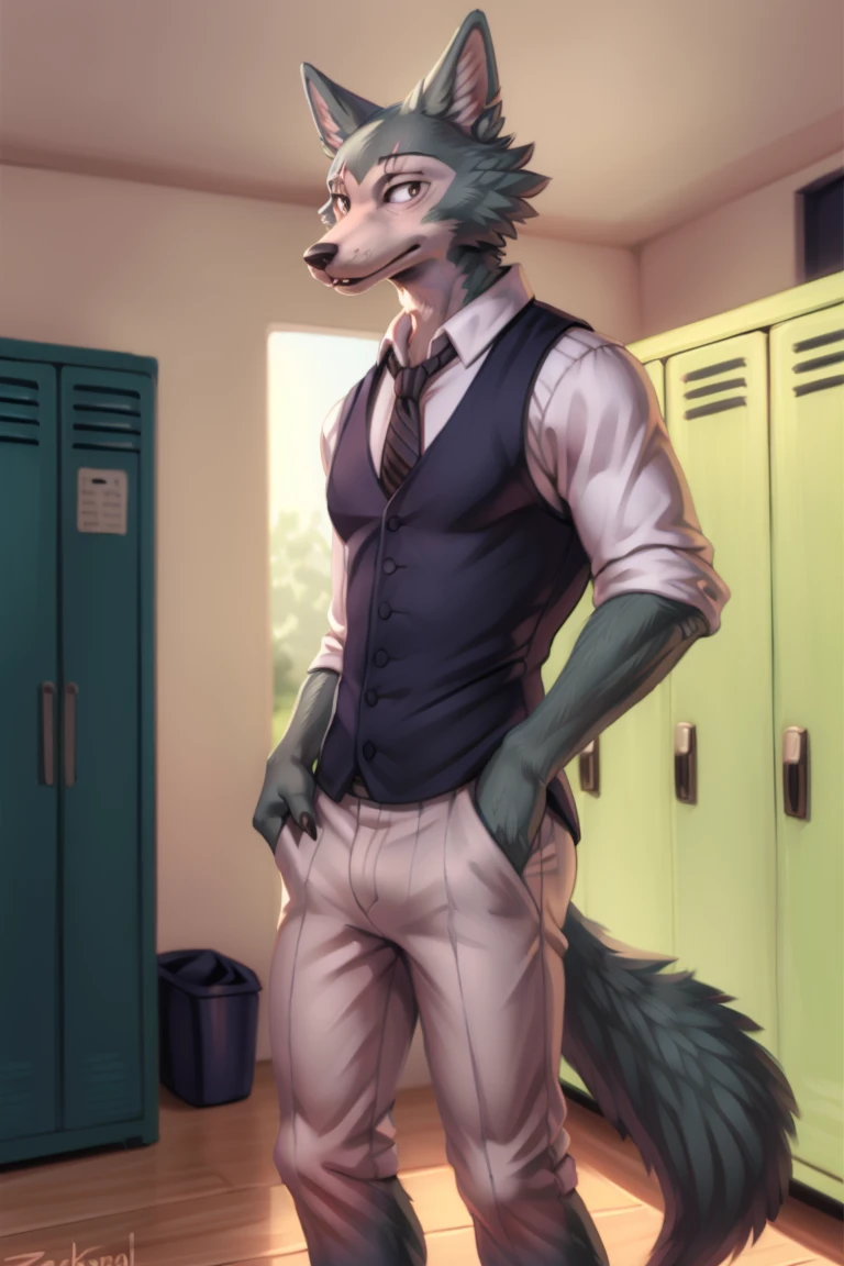 (by personalami, by hioshiru, by zackary911, by by null-ghost), male, wolf, solo, legoshi (beastars), locker room, standing, clothed, fully clothed, school uniform, topwear, bottomwear, safe, standing, muscular, claws, eye scar,