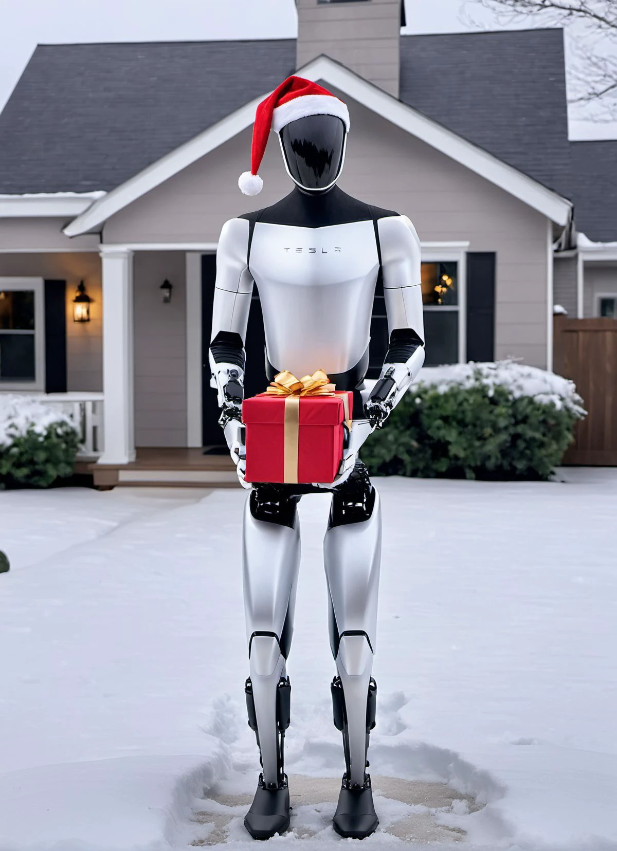 teslabot, gen-2, wearing a santa hat standing in a snow covered yard holding a wrapped gift (present), feminine robotic teslabot, (confident|focused|candid|relaxed:1.5) full body shot, masterquality, photograph, high quality, proportional, focused, hyperrealistic                                 <lora:teslabot:1> <lora:perfect hands:1>