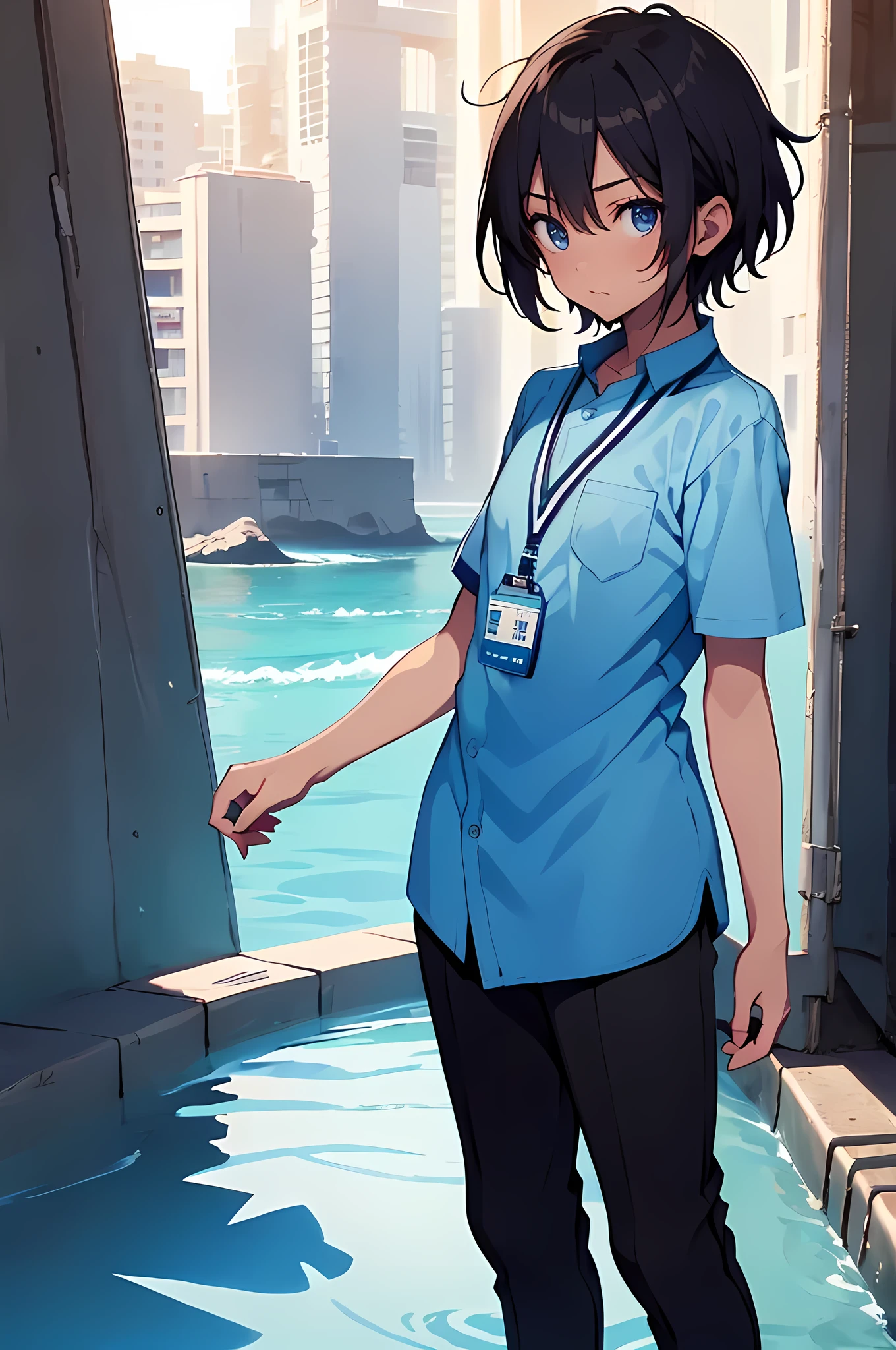 ((best quality)), (masterpiece), student, (detailed eyes), wearing uniform, short sleeves, light blue shirt, lanyard, black pants, standing, beach, anime