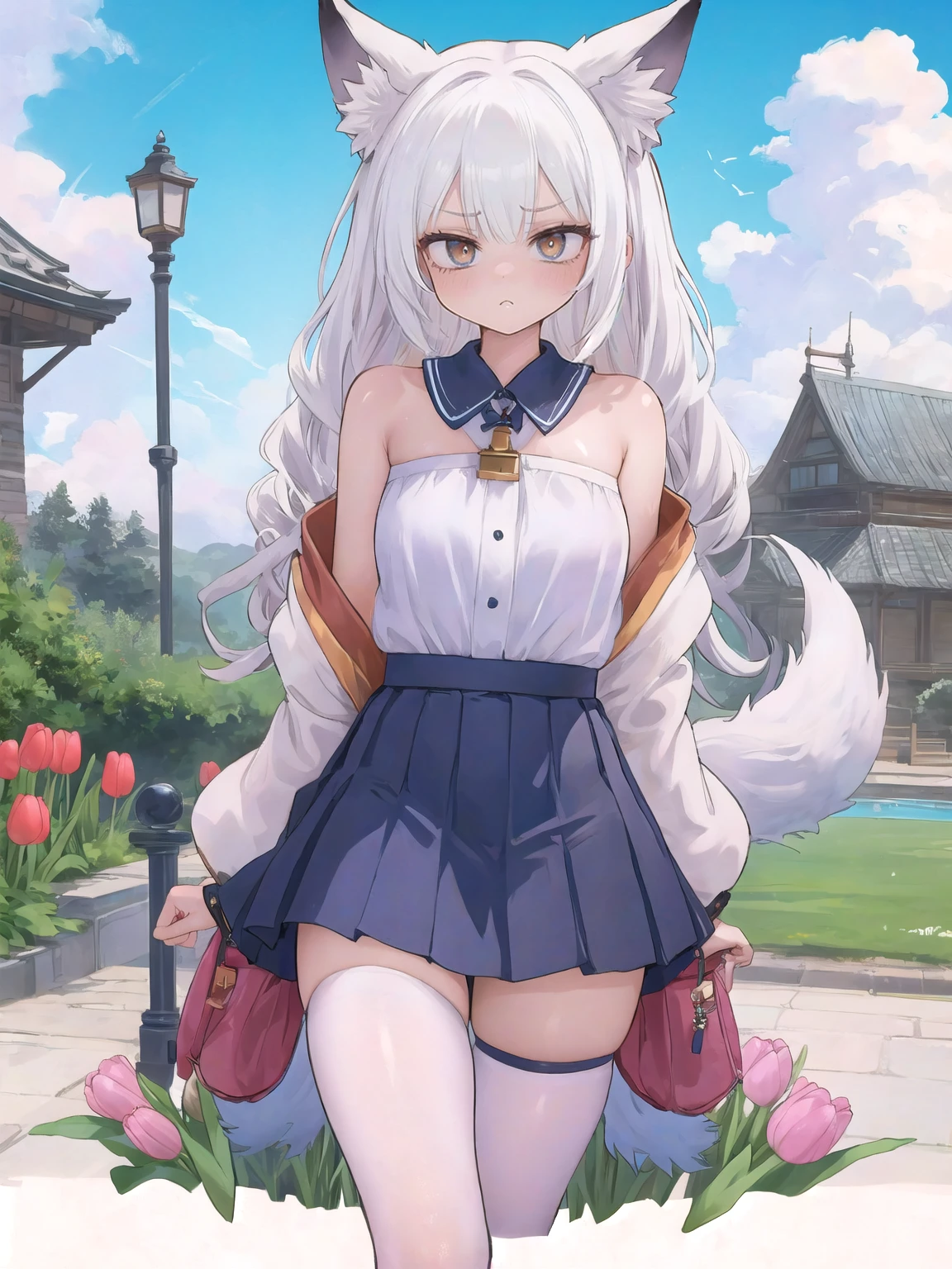 masterpiece, best quality, highres,1girl, 8k, solo beautiful (kyuubi no kitsune) 1girl, <lora:kyuubi_no_kitsune-1.0:1>, (white hair Spiral Curls), (tulip skirt) (sunken ship), close-up, looking over shoulder, regretful