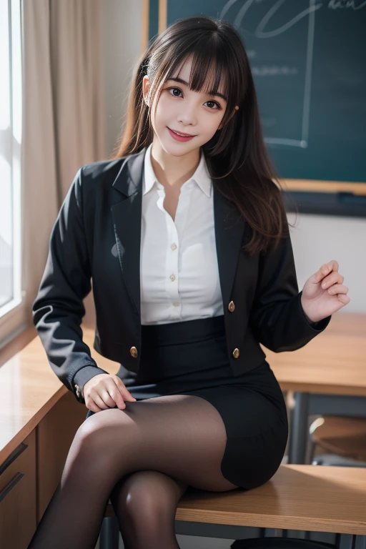 ltra-detailed,highly detailed,best quality,masterpiece,illustration,realistic,photorealistic,
koudai, 1girl, solo, smile, cosplay, teacher,
collared shirt, long sleeves, pencil skirt, pantyhose, open jacket,
long hair, brown hair, bangs,
looking at viewer,
sitting,crossed legs,
<lora:koudai_v1_03:0.7>