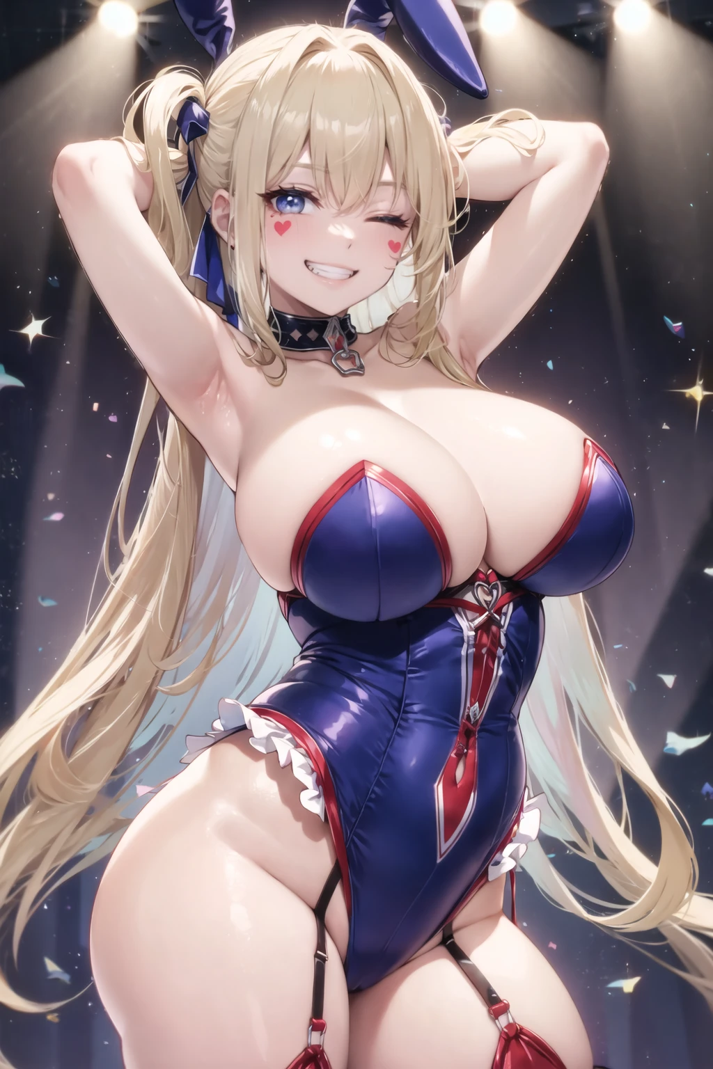 masterpiece, best quality, guam_al, 1girl, breasts, solo, leotard, blonde hair, long hair, blue eyes, fang, star-shaped pupils, cleavage, looking at viewer, blue leotard, one eye closed,  smile, symbol-shaped pupils, star (symbol), heart, choker, bare shoulders, very long hair, bangs, facial tattoo, strapless, twintails, heart tattoo, large breasts, strapless leotard, two side up, skindentation, collarbone, sidelocks, tattoo, hair between eyes, garter straps, huge breasts, highleg leotard, frills, playboy bunny,  cowboy shot, concert, stage lights,  standing, arms behind head,  <lora:guam_v5:0.8>, closed mouth, grin,, nice hands, perfect hands, <lora:GoodHands-beta2:1>