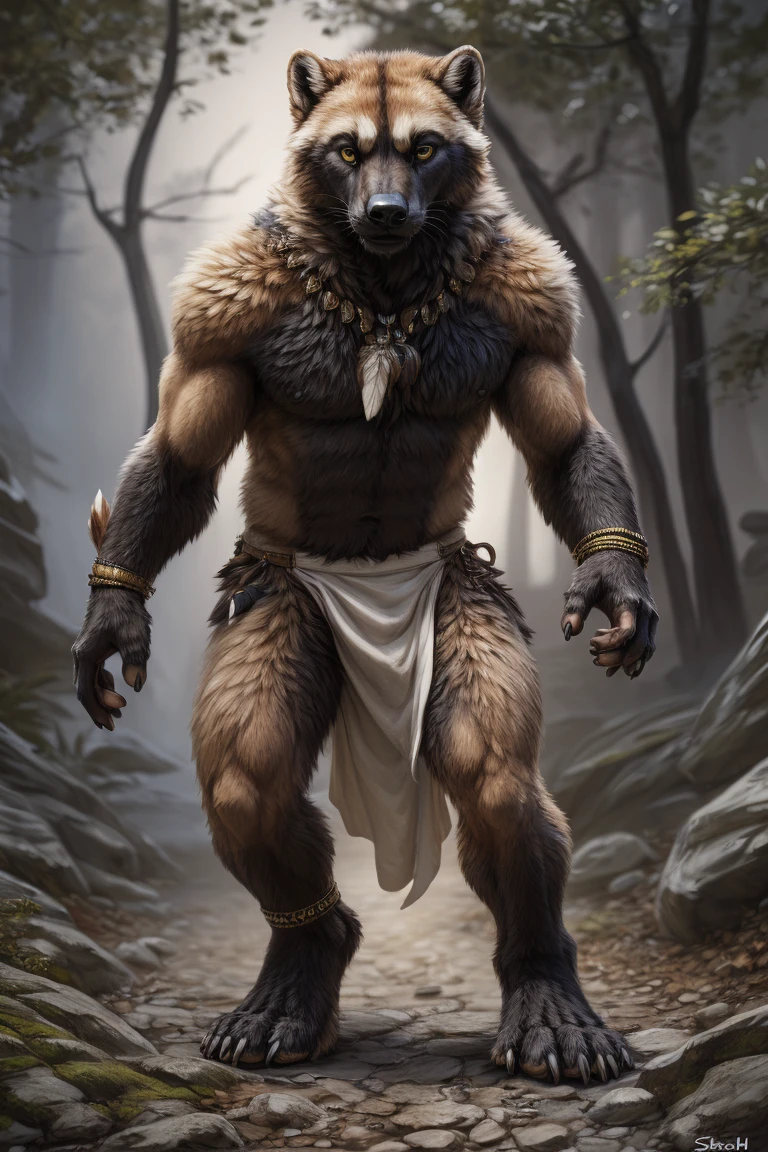 male, wolverine, anthro, safe, loincloth, tribal clothing, jewelry, plantigrade, 5 fingers, 5 toes, tuft, black fur, brown fur, tan fur, yellow eyes, muscular, front view, night, forest,
BREAK,
by snowskau, by foxovh, by sabretoothed ermine, (intricate, high detail, film photography, soft focus, RAW candid cinema,
photorealism, realistic, photorealistic, analog style, subsurface scattering,
masterpiece, best quality, ultra realistic, 8k)