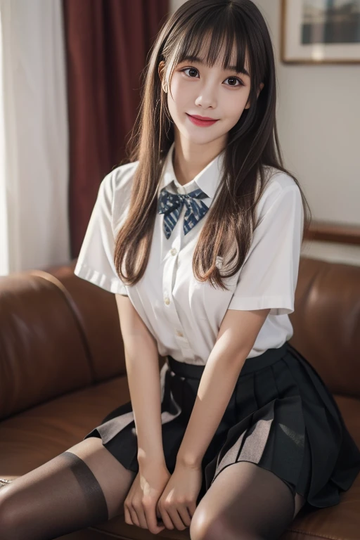 ltra-detailed,highly detailed,best quality,masterpiece,illustration,realistic,photorealistic, 
koudai, 1girl, solo, smile, 
school uniform,collared shirt, short sleeves, pleated skirt, pantyhose, 
long hair, brown hair, bangs, 
looking at viewer, 
sitting, spread legs,
<lora:koudai_v1_03:0.7>
