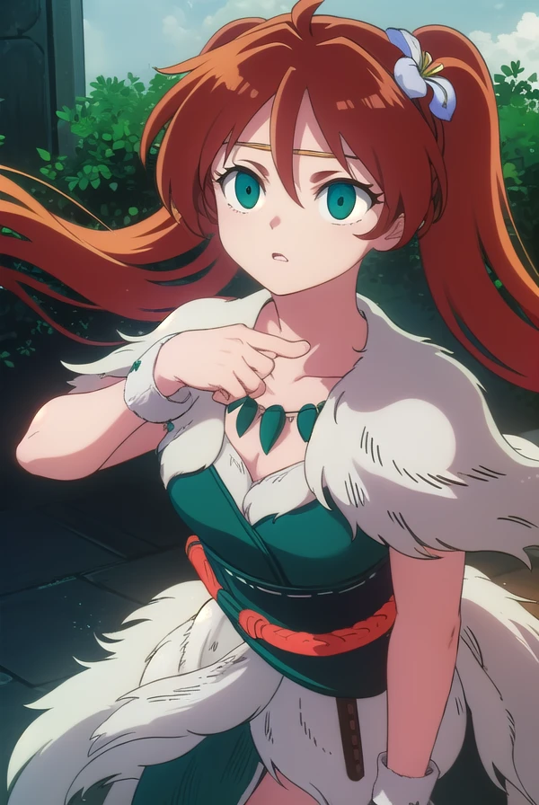 inuyashaayame, <lora:inuyasha ayame anime s4-lora-nochekaiser:1>,
ayame, long hair, brown hair, hair ornament, twintails, (green eyes:1.3), flower, red hair, sword, hair flower,
BREAK jewelry, necklace, cape, collarbone,
BREAK outdoors,
BREAK looking at viewer, (cowboy shot:1.5),
BREAK <lyco:GoodHands-beta2:1>, (masterpiece:1.2), best quality, high resolution, unity 8k wallpaper, (illustration:0.8), (beautiful detailed eyes:1.6), extremely detailed face, perfect lighting, extremely detailed CG, (perfect hands, perfect anatomy),