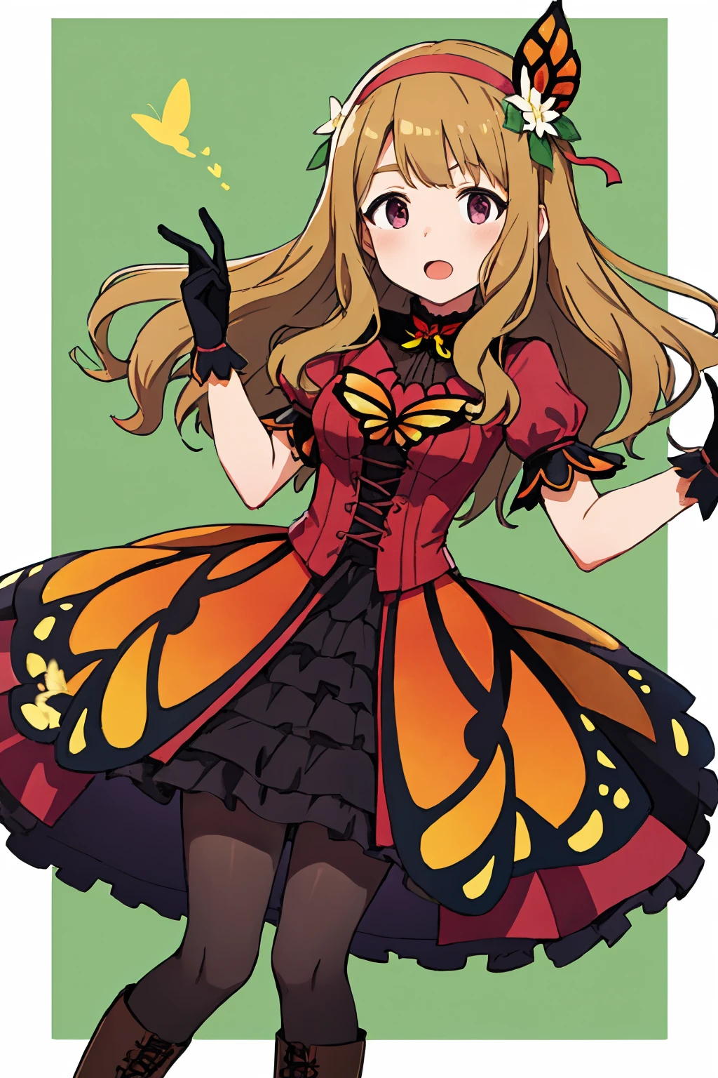 miyao miya, chrysalis princess, boots, solo, green background, 1girl, looking at viewer, open mouth, cross-laced clothes, red shirt, red skirt, frilled skirt, puffy short sleeves, butterfly choker, black collar, hair ornament, red hairband, hair flower, butterfly hair ornament, black gloves, single glove, black pantyhose, butterfly print <lora:miyao_miya_locon_v2:0.7>