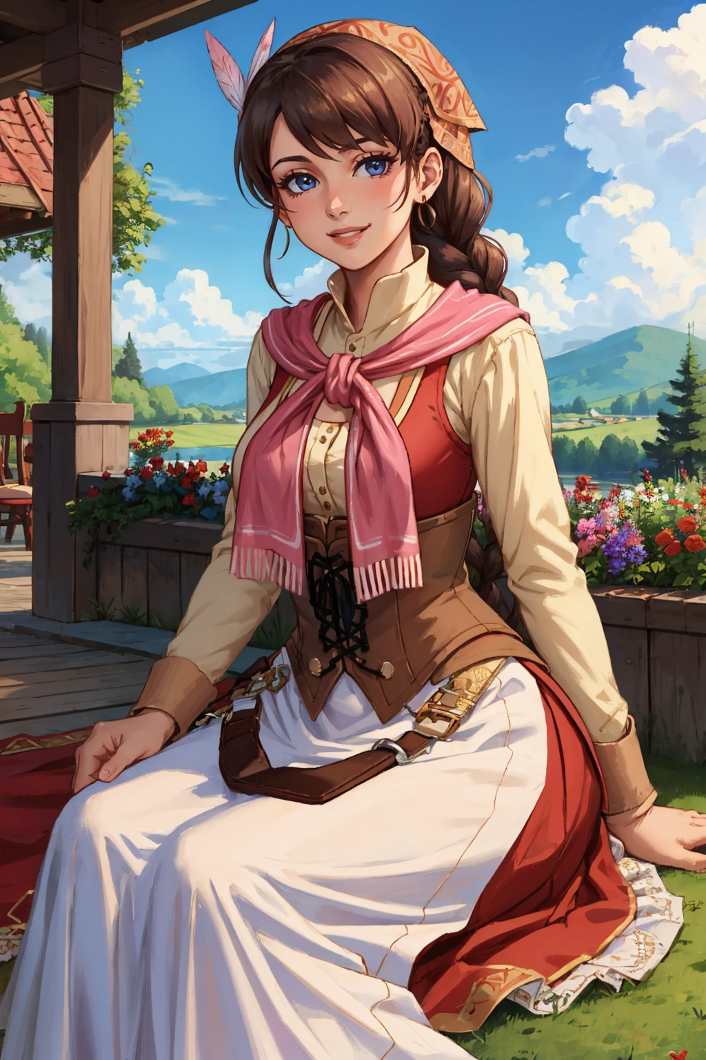 masterpiece, best quality, <lora:yunica-nvwls-v1-000009:0.9> yunica, braided ponytail, bandana, feather hair ornament, pink scarf, red dress, corset, apron, on ground, sitting, flowers, looking at viewer, hill, sky, smile