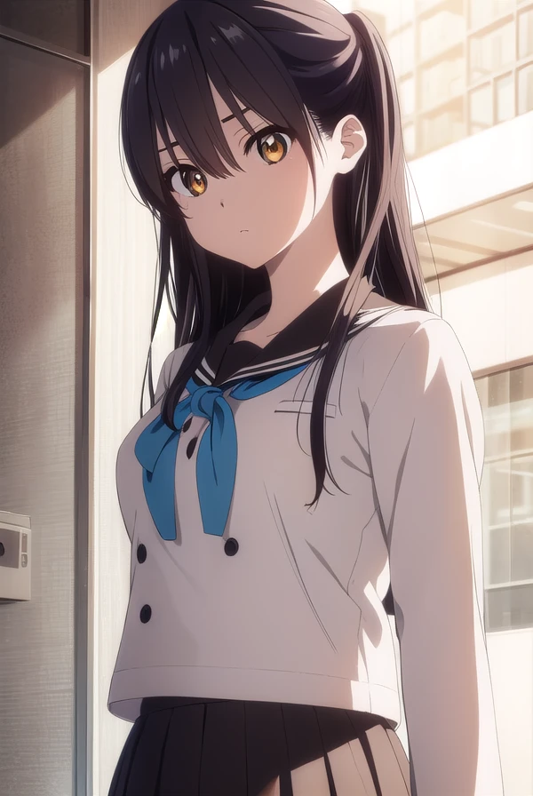 ruriichigyou, <lora:ruri ichigyou movie-lora-nochekaiser:1>,
ruri ichigyou, long hair, (black hair:1.5), hair between eyes, (brown eyes:1.2), two side up,
BREAK skirt, school uniform, pleated skirt, serafuku, black skirt, long sleeves,
BREAK indoors, classroom,
BREAK looking at viewer, (cowboy shot:1.5),
BREAK <lyco:GoodHands-beta2:1>, (masterpiece:1.2), best quality, high resolution, unity 8k wallpaper, (illustration:0.8), (beautiful detailed eyes:1.6), extremely detailed face, perfect lighting, extremely detailed CG, (perfect hands, perfect anatomy),