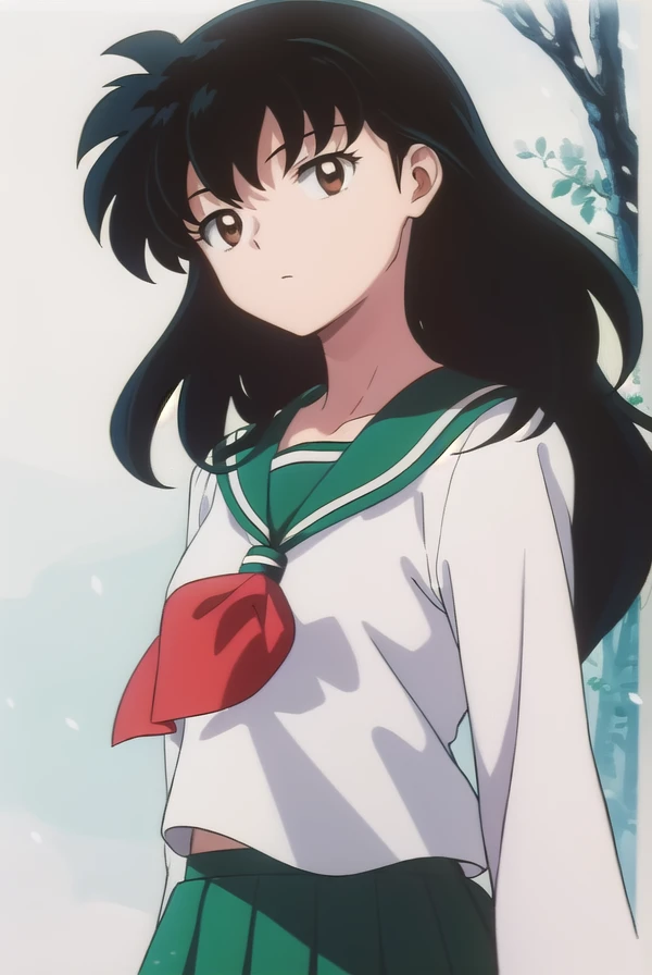 kagomehigurashi, <lora:kagome higurashi anime s4-lora-nochekaiser:1>,
kagome higurashi, long hair, (black hair:1.5), retro artstyle, (brown eyes:1.5),
BREAK skirt, shirt, long sleeves, school uniform, white shirt, pleated skirt, serafuku, sailor collar, neckerchief, green skirt, red neckerchief,
BREAK outdoors,
BREAK looking at viewer, (cowboy shot:1.5),
BREAK <lyco:GoodHands-beta2:1>, (masterpiece:1.2), best quality, high resolution, unity 8k wallpaper, (illustration:0.8), (beautiful detailed eyes:1.6), extremely detailed face, perfect lighting, extremely detailed CG, (perfect hands, perfect anatomy),