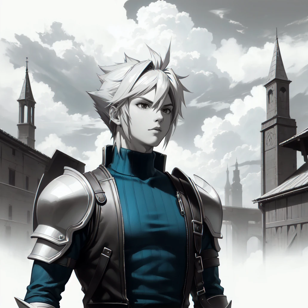 (masterpiece, best quality:1.2), (monochrome, spot color:1.08), 1boy, male focus, solo, cloud strife, (blue shirt:1.15), blue turtleneck, spiked hair, armor, black eyes, shoulder armor, buster sword, upper body