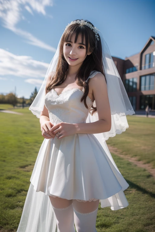 ltra-detailed,highly detailed,best quality,masterpiece,illustration,realistic,photorealistic, 
koudai, 1girl, solo, smile, 
wedding dress, bridal veil, bridal gauntlets, thighhighs, 
long hair, brown hair, bangs, 
looking at viewer, standing, day, 
photo background, outdoors, grass, fence,  building,cloudy sky, 
cowboy shot, 
<lora:koudai_v1_03:0.7>