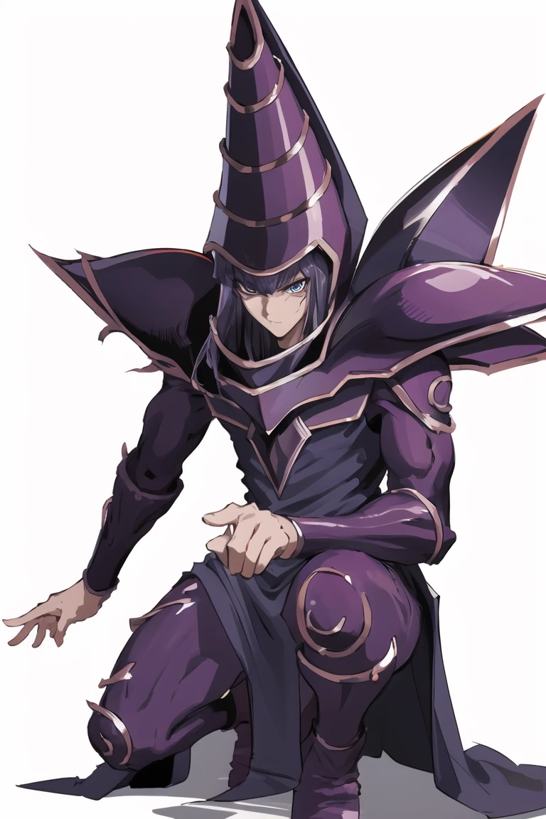<lora:dm_ygo-10:1> ygodm, 1man, armor, robe, helmet, purple hair, blue eyes, one knee down, looking up, hand on one knee,