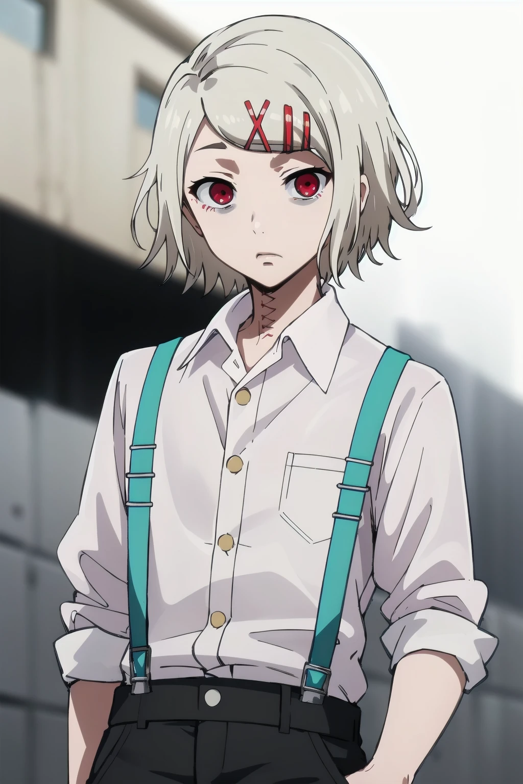 (masterpiece, best quality, high quality, highres, ultra-detailed), 
juuzou-suzuya, solo, short hair, shirt, hair ornament, red eyes, 1boy, closed mouth, white shirt, white hair, male focus, hairclip, blurry, blurry background, suspenders, x hair ornament, androgynous, stitches, loose shirt, cowboy shot, stitched face, looking at viewer, 
<lora:Juuzou_Suzuya-10:1>