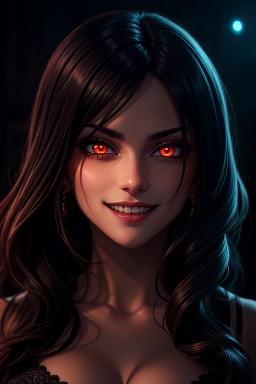 beautiful detailed portrait, dark-skinned sexy demon girl, long wavy black hair, beautiful detailed face, orange glowing eyes, devious grin, best quality, extemely detailed <lora:detail_slider_v4:1.3>, cinematic, ((dark lighting, dark ambiance, middle of the night)) <lora:colorize:0.6>