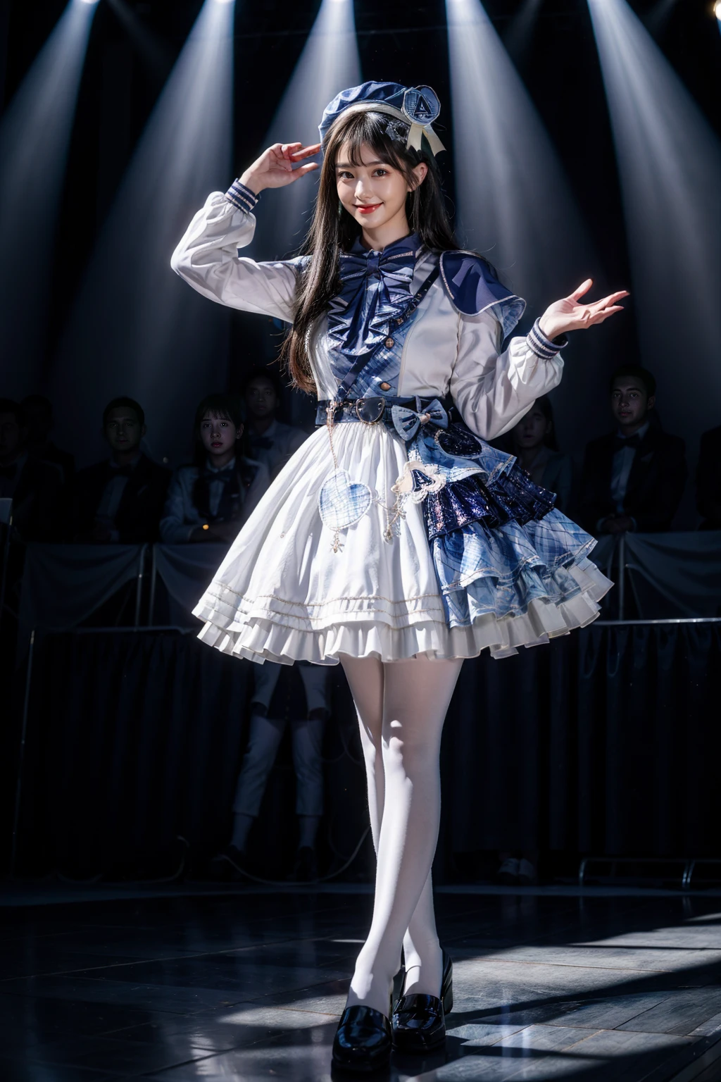 best quality, masterpiece, photorealistic, 1girl, solo, full body, standing, long straight hair, looking at viewer, dynamic pose, smile, cyb dress, capelet, long sleeves, belt, bow, bowtie, hat, headwear, white pantyhose, shoes, stage in the backgorund, stage lighting, stage spotlight, detailed background, audience, people, <lora:idol_costume_style8_v1:0.75>, <lora:add_detail:1>