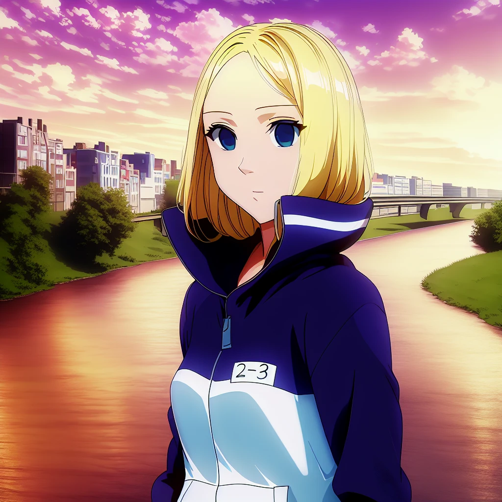 masterpiece,(best quality:1.0),highly detailed, highres, artbook,perfect, exquisite, perfect, ultra-high definition image, amazing, 1girl,solo, remarkable, absurd res,1girl, solo,exquisite visuals,nino23, blonde hair, number_tag, school jacket, sunny, sky, standing,  river bank, small breasts,  , <lora:nino_v39-000009:0.95> headshot, close-up