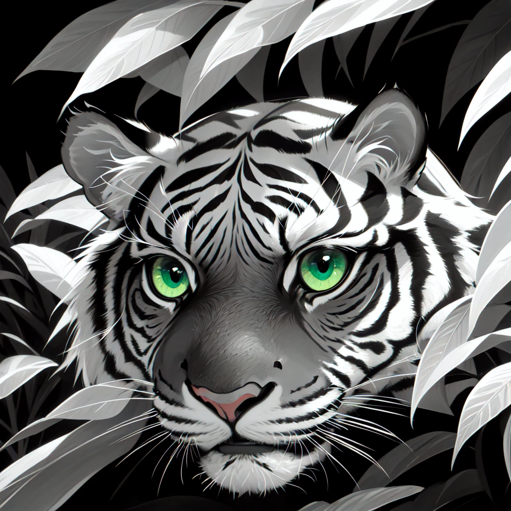 (masterpiece, best quality:1.2), (monochrome, spot color:1.08), no humans, tiger, cat, green eyes, animal focus, animal, whiskers, looking at viewer, solo, detailed eyes, close-up, eye focus