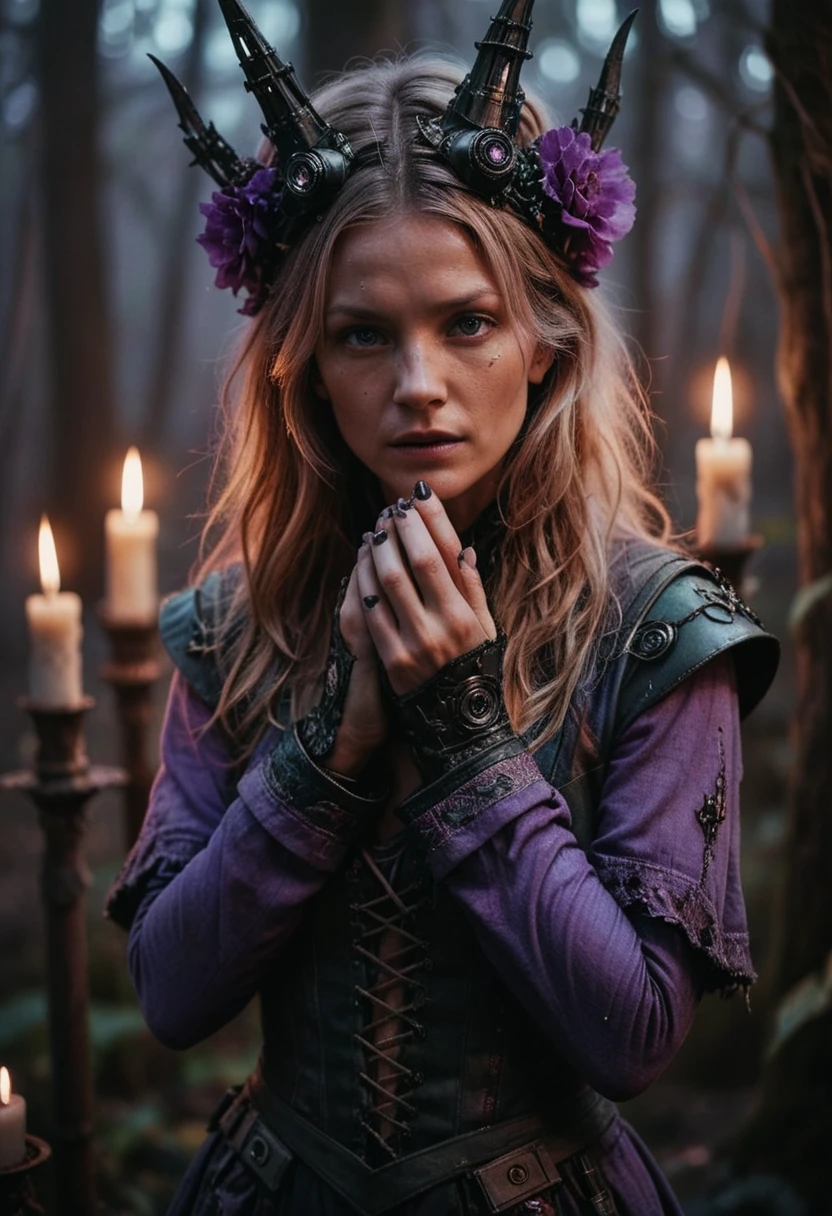 photograph, hyper detailed, intricate background, Boorish Cameron Richardson, Witch, wearing Mecha- electric color torn clothes, Hands on face, Violet flora, FOV 90 degrees, Light, Steelpunk, Candle light, film grain, film camera, Depth of field 270mm <lora:RMSDXL_Enhance:2> <lora:RMSDXL_Darkness_Cinema:2>