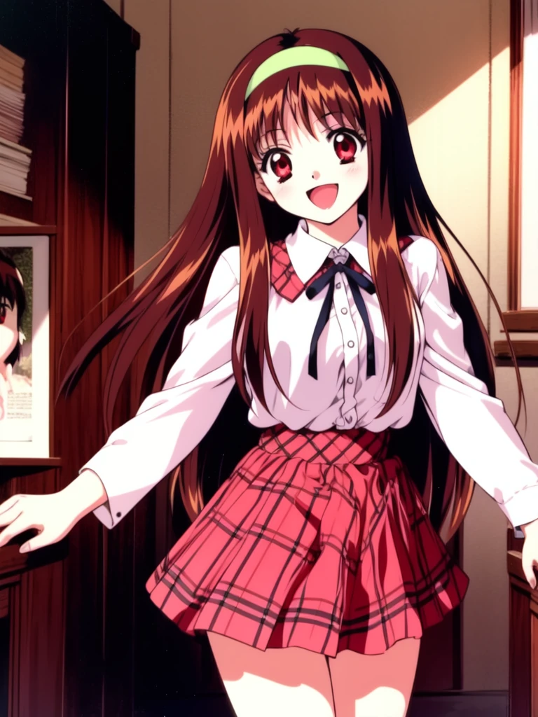 <lora:YuukiMizuho:0.8>, YuukiMizuho, 1girl, solo, long hair, skirt, hairband, brown hair, long sleeves, red eyes, plaid, open mouth, smile, plaid skirt, ribbon, cowboy Shot,
home in the room,
masterpiece, high quality, very_high_resolution, large_filesize, full color,