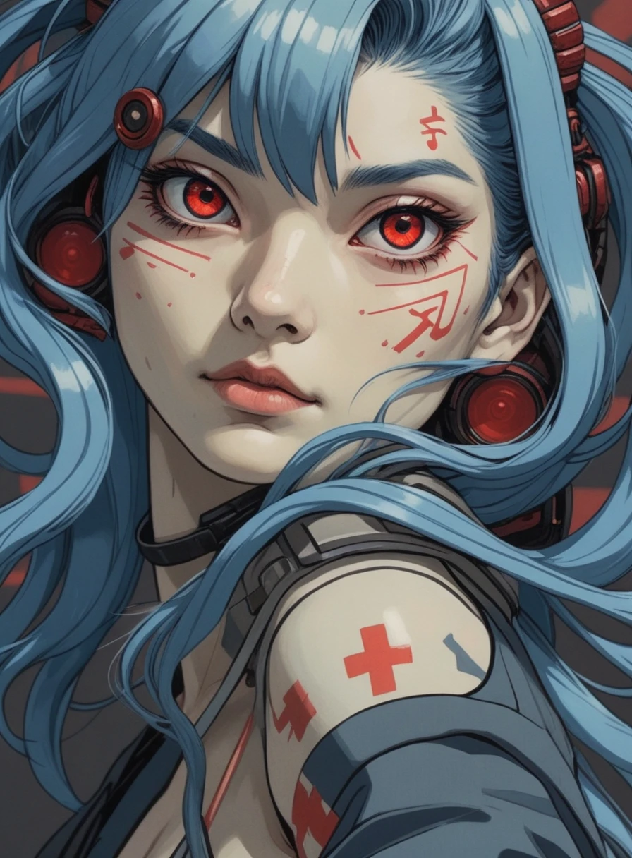 ukiyo-e woodblock of an cyberpunk woman red eyes and blue hair