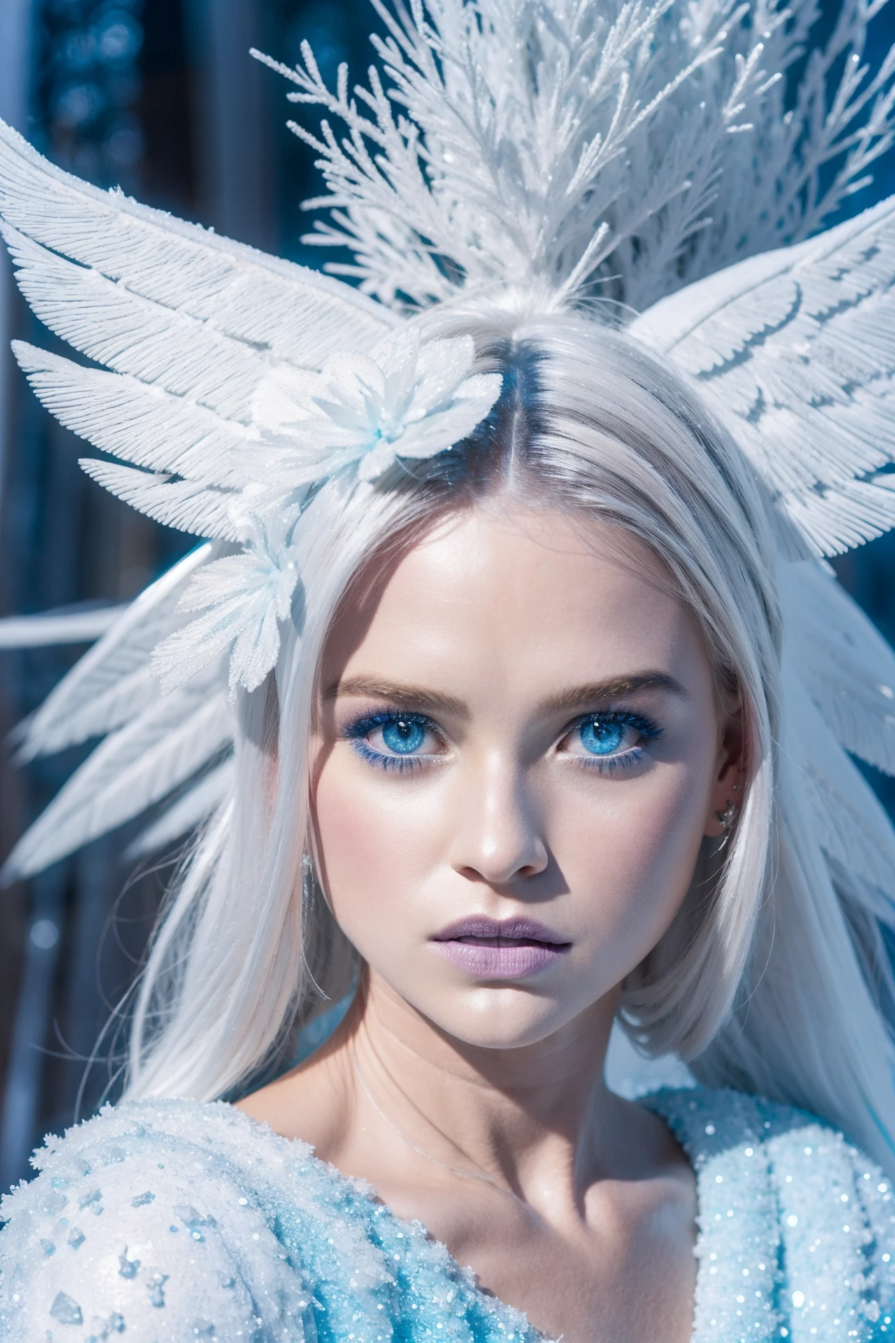 A photo of a beautiful african nubian frosted angel woman, white frosted ice natural hair, iced frosted wings, icy blue makeup, soft fierce look, beautiful blue ice eyes, clothes frozen in ice, background white frosted snow forest, high quality, high resolution, ultra 16k  <lora:Alice_Eve_640x960:0.85>