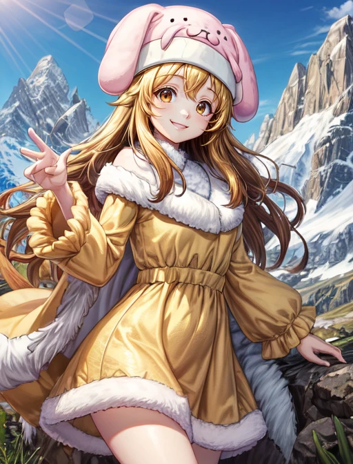 best quality, masterpiece, highres, detailed, digital artwork, <lora:Detail - add_detail:0.2>, HxHHina, animal hat, brown eyes, yellow dress, fur trim, <lora:HxHHina-10:0.8>, happy, smile, mountain