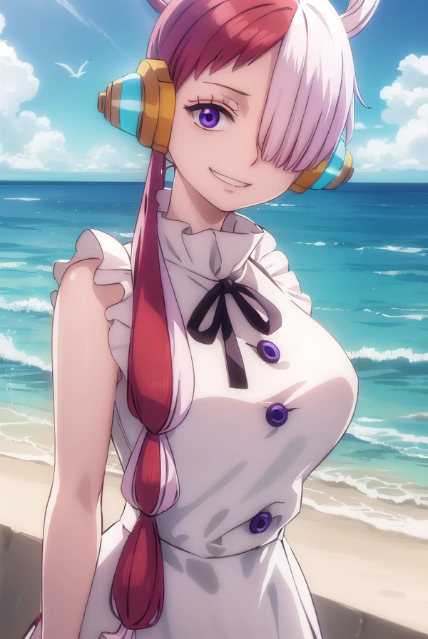 onepieceuta, <lora:uta red movie-lora-nochekaiser:1>,
uta, long hair, (purple eyes:1.1), white hair, red hair, multicolored hair, (hair over one eye:1.5), two-tone hair, split-color hair, hair rings, sidelocks, smile, grin,
BREAK dress, ribbon, jewelry, white dress, headphones,
BREAK outdoors, ocean,  boat,
BREAK looking at viewer, (cowboy shot:1.5),
BREAK <lyco:GoodHands-beta2:1>, (masterpiece:1.2), best quality, high resolution, unity 8k wallpaper, (illustration:0.8), (beautiful detailed eyes:1.6), extremely detailed face, perfect lighting, extremely detailed CG, (perfect hands, perfect anatomy),