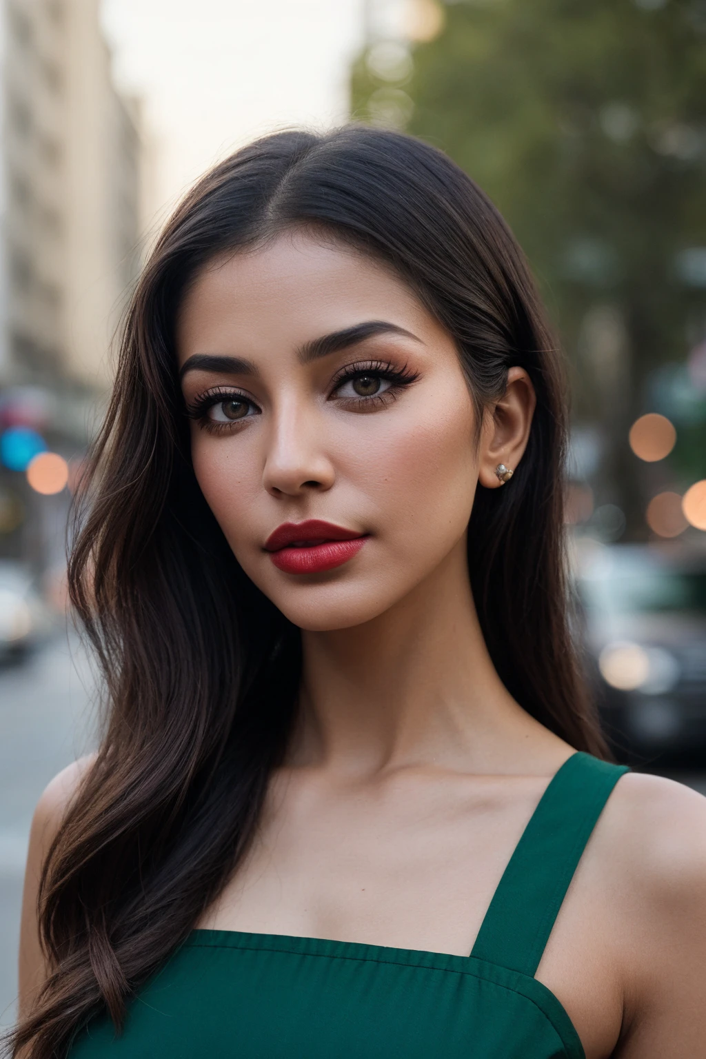Generate a stunning bold female model with classic Indian features. She is 5’8” tall with fair, flawless skin and long, flowing black hair weight 60kg. Her eyes are large and expressive, with a warm brown color, framed by thick lashes. She has high cheekbones, a well-defined jawline, and full lips with a natural pink hue  that enhances her beauty, 
Posing  next to Audi  sedan car in red color
The car image must be visible 
