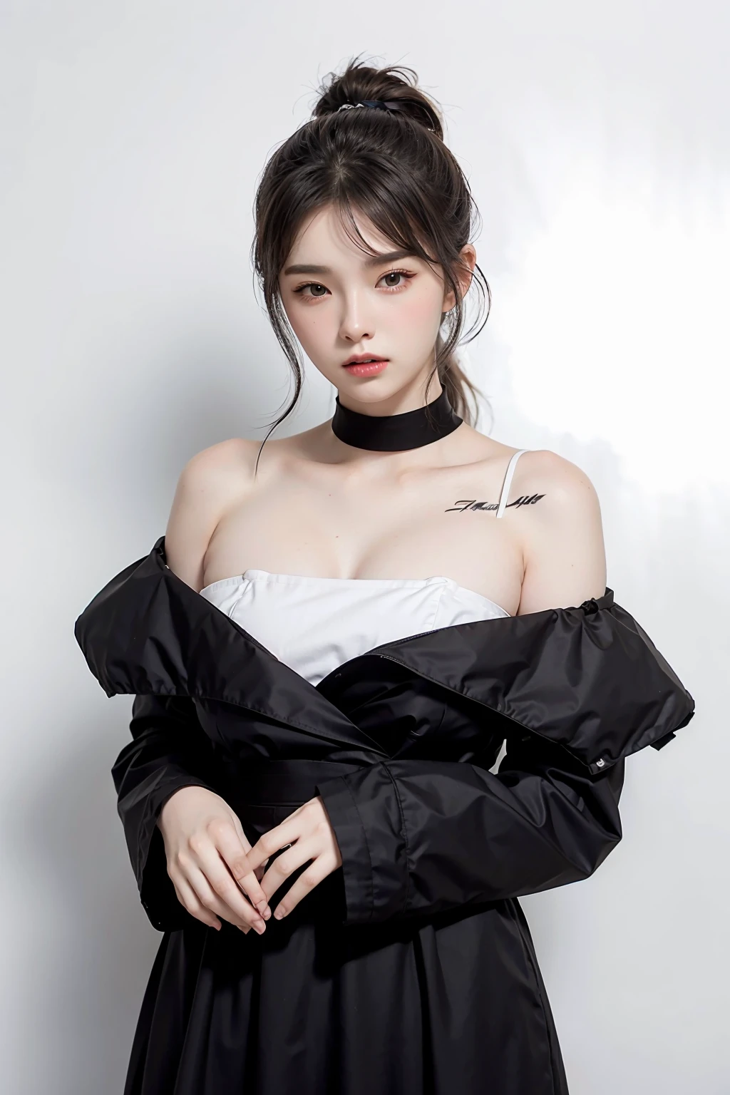 1girl, black  formal long dress,white background,    <lora:JessieWard-04:1>