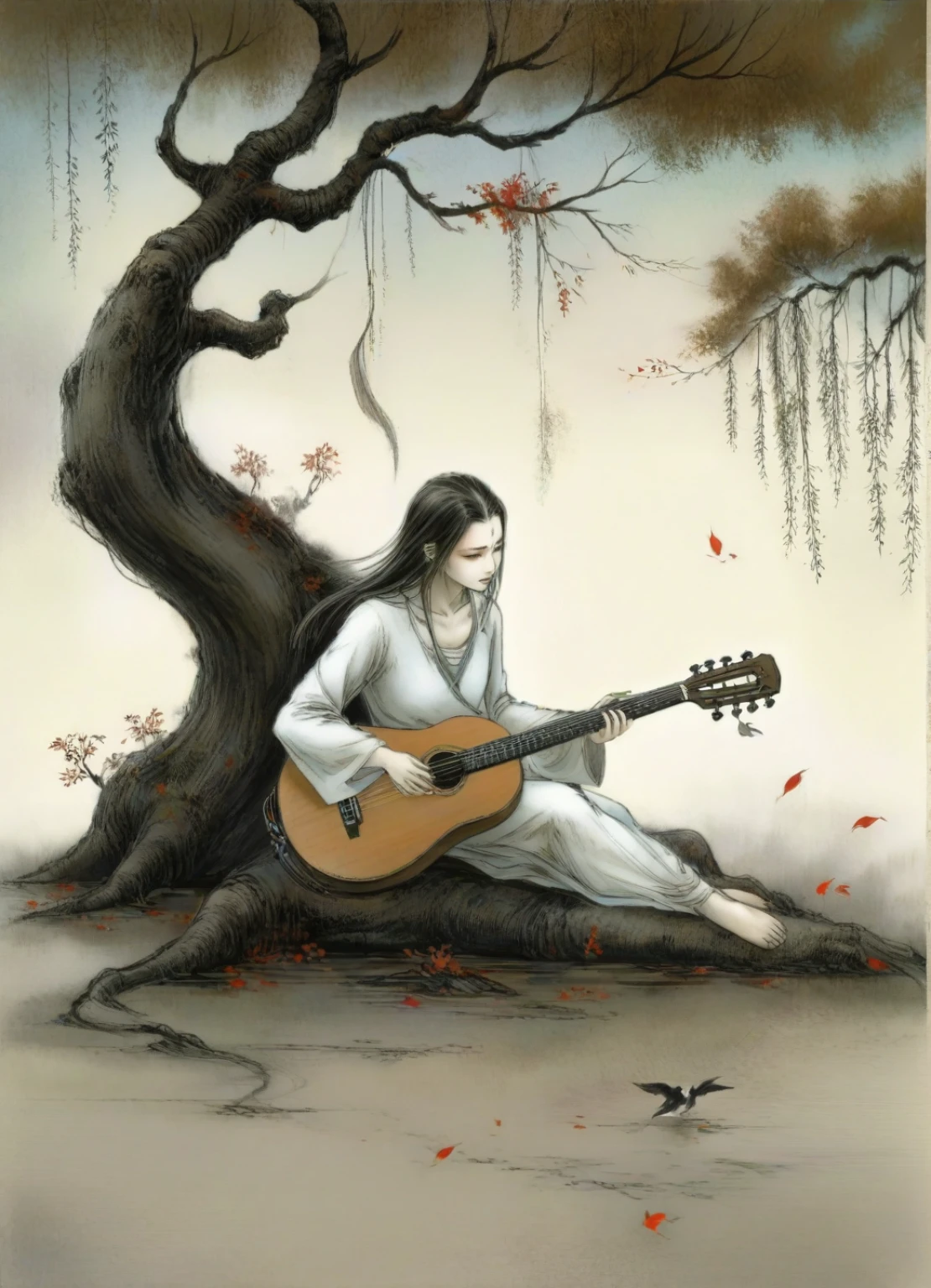 a girl lying and playing instrument under the tree