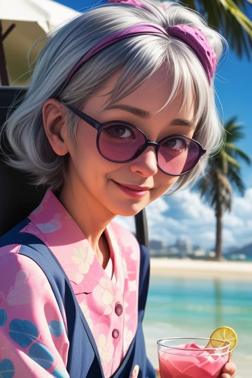 professional 3d model anime artwork kawaii style painting of a happy (old elderly woman:1.2) greyhair, wrinkles, sunglasses, rio holidays looking at viewer, cocktail daikiri . cute, adorable, brightly colored, cheerful, anime influence, highly detailed . anime style, key visual, vibrant, studio anime, highly detailed . octane render, highly detailed, volumetric, dramatic lighting