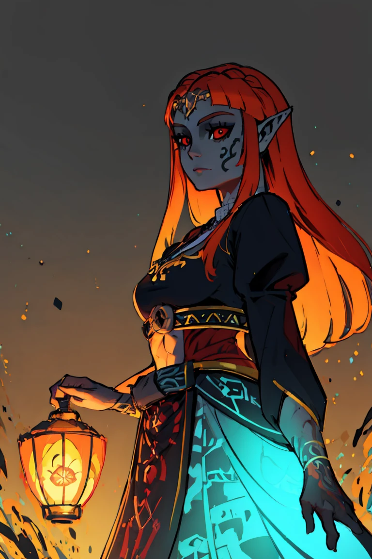 ((masterpiece,best quality)), <lora:Twilight_Theme_Zelda_Anime:0.6>, (Twilight_Theme_Zelda), glow, glowing, green glow, dark skin, grey skin, glowing tattoo, pointy ears, red eyes, orange hair, long hair, yellow sclera, <lora:princess_zelda:1> princess zelda, 1girl, bangs, breasts, bridal gauntlets, closed mouth, expressionless, from side, highres, jewelry, long hair, long sleeves