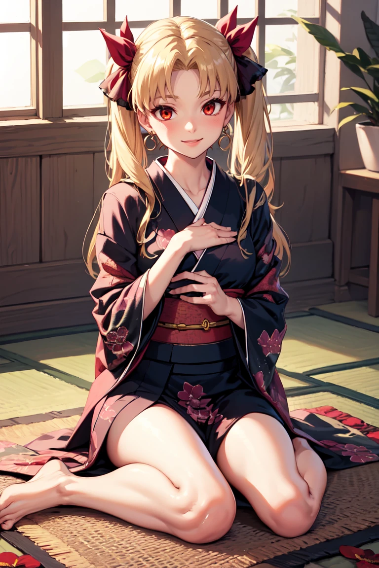 masterpiece, best quality, absurdres, Ereshkigal, two side up, hair ribbon, indoors, kimono, hair flower, floral print, wariza, sitting, hands on own knees, smile, <lora:EreshkigalV2:1.0>