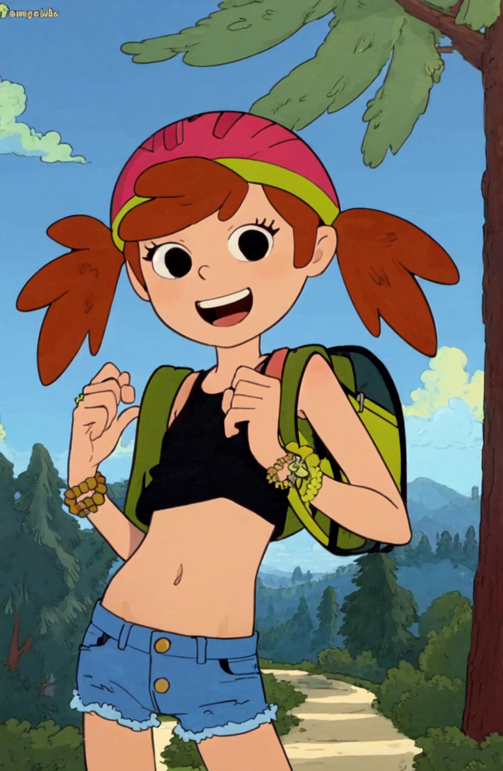 masterpiece, high quality, <lora:Amy Gillis SD1-5 V1:1> Amy Gillis, smile, open mouth, orange hair, helmet, black eyes, jewelry, outdoors, orange hair, bracelet, tree, backpack, nature, tank top, shorts, black eyes, twintails, cowboy shot, midriff,
