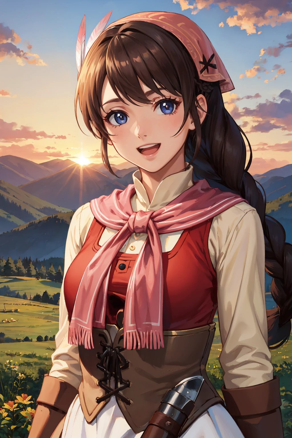 masterpiece, best quality, <lora:yunica-nvwls-v1-000009:0.9> yunica, braided ponytail, bandana, feather hair ornament, pink scarf, red dress, corset, apron, gloves, upper body, looking at viewer, :D, blue sky, forest, mountains, sunset, looking at viewer