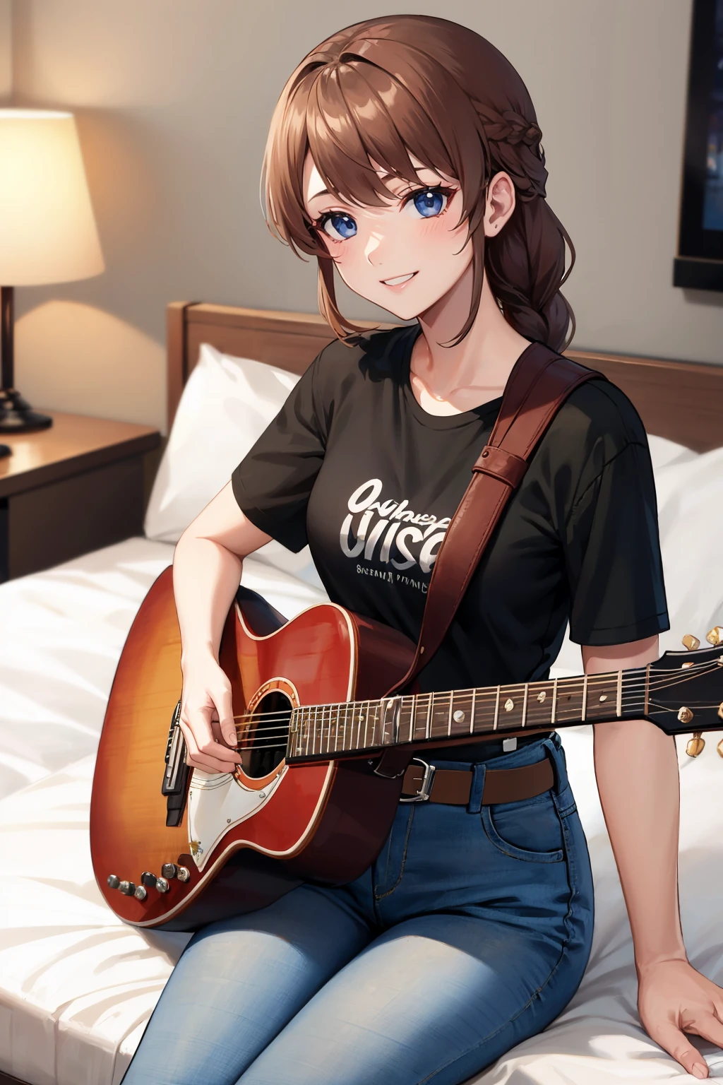 masterpiece, best quality, <lora:yunica-nvwls-v1-000009:0.9> yunica, braided ponytail, black t-shirt, jeans, belt, guitar, smile, sitting, bed