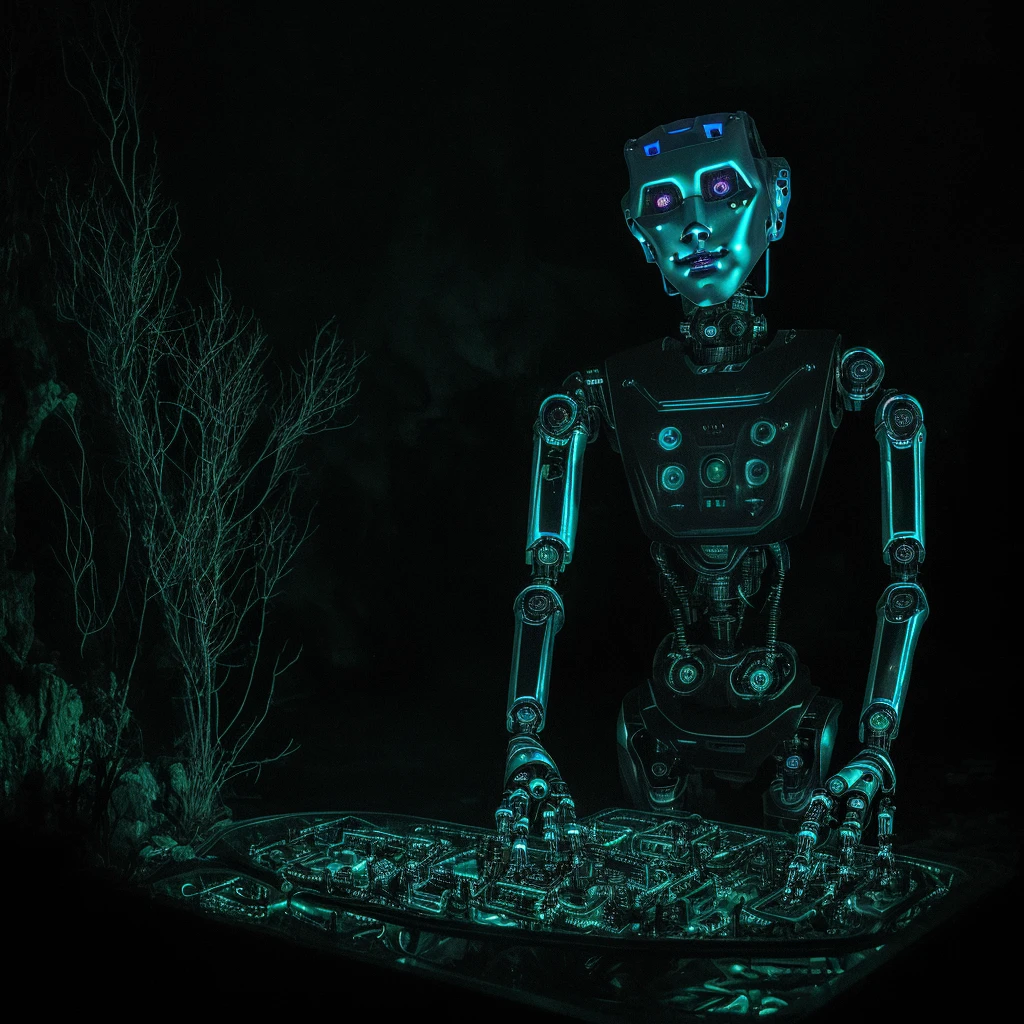 Horror-themed single of (female robotic:1.5) beauty with bioluminescent lights integrated into her structure, casting an otherworldly glow in the river. Experiment with neon colors and underwater reflections.
. Eerie, unsettling, dark, spooky, suspenseful, grim, highly detailed