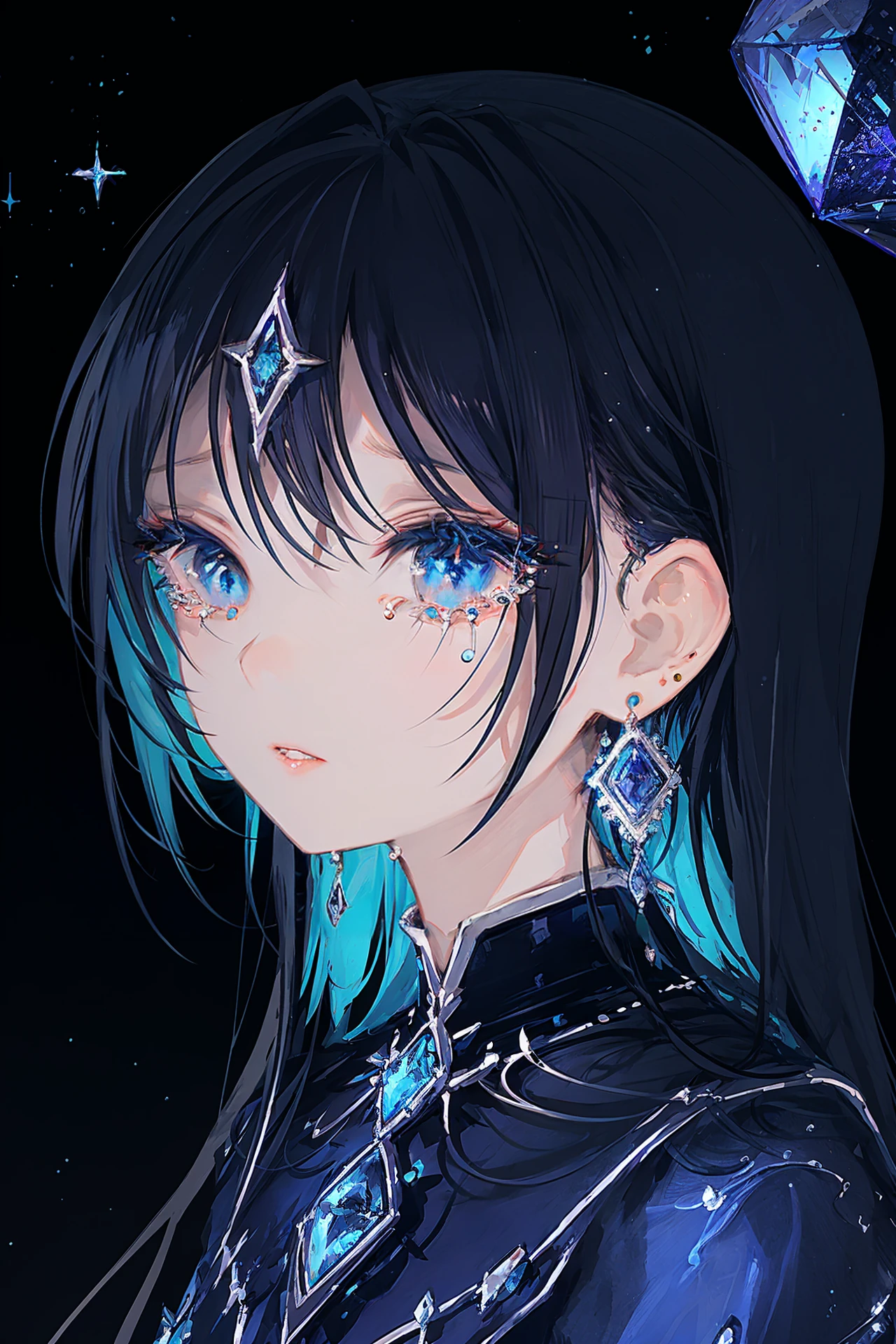 1girl, blue eyes, solo, jewelry, earrings, long hair, looking at viewer, bangs, blue hair, portrait, gem, crescent, parted lips, black background, blue theme, blue gemstone, lips, close-up, tears, black hair, star \(symbol\) ,
/////////// <lora:IR-000220:1>