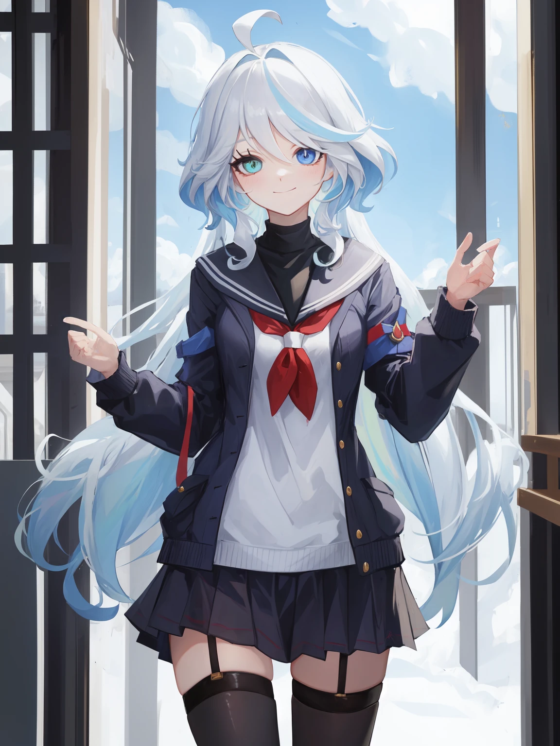 Furina,1girl,solo,long hair,ahoge,blue eyes,white hair,blue hair,bangs,(heterochromia:1.2),
(school uniform, black thighhighs:1.2),
light smile,arnime screen,hdr,absurdres,
<lora:furina-000015:0.8:lbw=char>,<lora:genshinImpactModel_v10:0.0:lbw=MIDD>,, 1girl,
,  (masterpiece,best quality:1.2),absurdres