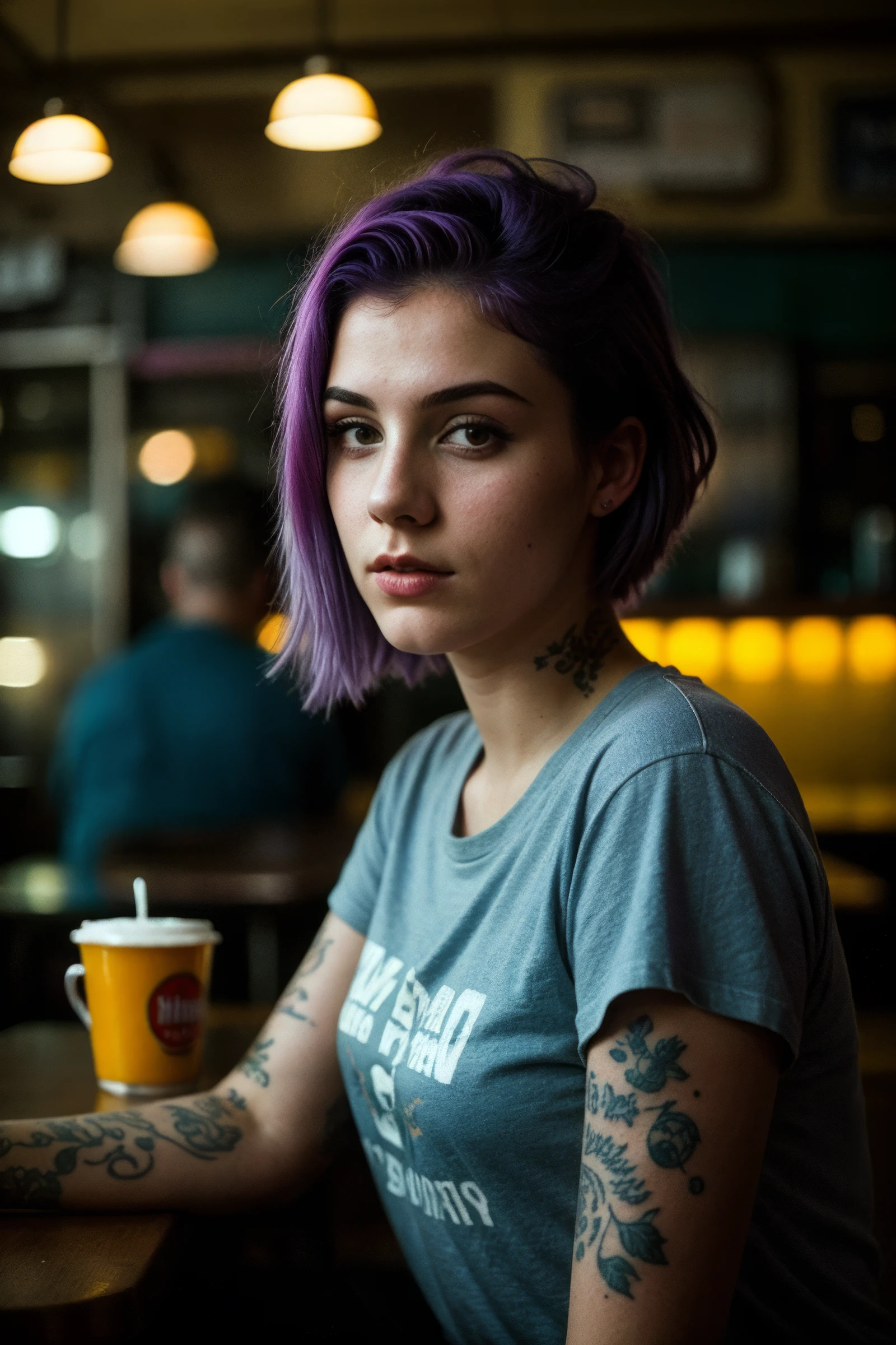 moody ethereal photography photo of a young woman with purple hair, cute t-shirt, textured skin, goosebumps, tattoos on her arms, sitting in a 50s diner, perfect eyes, (atmospheric lighting), kodakvision color, shot on Arricam LT Camera, bokeh, sharp focus on subject, shot by Nick Brandt