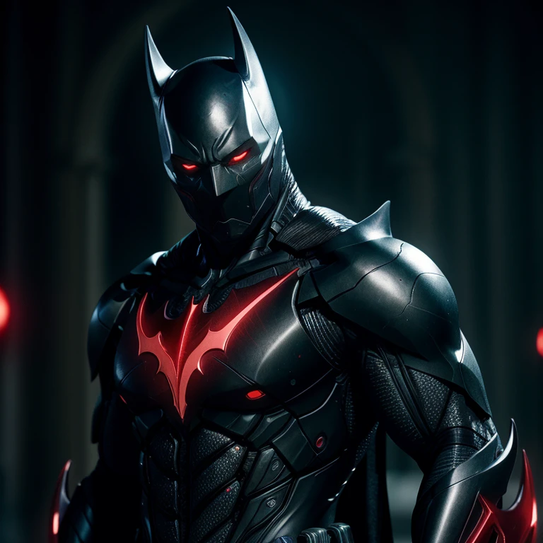 cinematic film still of  <lora:batman cyborg SD1.5:1.2>
batman cyborg a man in a black cyborg suit with red eyes, shallow depth of field, vignette, highly detailed, high budget, bokeh, cinemascope, moody, epic, gorgeous, film grain, grainy