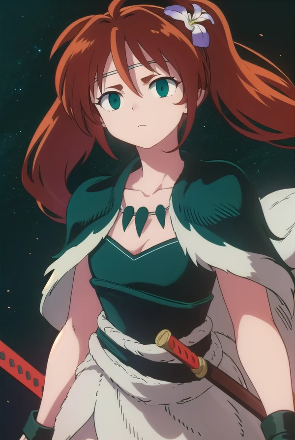 inuyashaayame, <lora:inuyasha ayame anime s4-lora-nochekaiser:1>,
ayame, long hair, brown hair, hair ornament, twintails, (green eyes:1.3), flower, red hair, sword, hair flower,
BREAK jewelry, necklace, cape, collarbone,
BREAK outdoors,
BREAK looking at viewer, (cowboy shot:1.5),
BREAK <lyco:GoodHands-beta2:1>, (masterpiece:1.2), best quality, high resolution, unity 8k wallpaper, (illustration:0.8), (beautiful detailed eyes:1.6), extremely detailed face, perfect lighting, extremely detailed CG, (perfect hands, perfect anatomy),