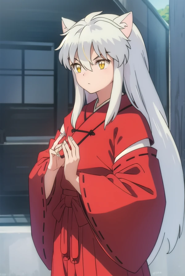 inuyashamc, <lora:inuyasha anime s4-lora-nochekaiser:1>,
inuyasha, long hair, animal ears, white hair, male focus,dog ears, (yellow eyes:1.5),
BREAK japanese clothes, hakama, red hakama,
BREAK outdoors,
BREAK looking at viewer, (cowboy shot:1.5),
BREAK <lyco:GoodHands-beta2:1>, (masterpiece:1.2), best quality, high resolution, unity 8k wallpaper, (illustration:0.8), (beautiful detailed eyes:1.6), extremely detailed face, perfect lighting, extremely detailed CG, (perfect hands, perfect anatomy),