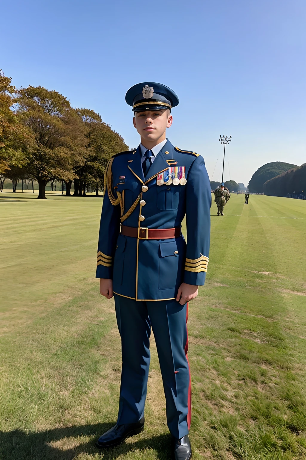parade ground of military academy, JoeyMills, (age 18), dressed as Brian Moreland in the movie Taps, parade uniform, ((full body portrait)), wide angle, <lora:JoeyMills:0.8>